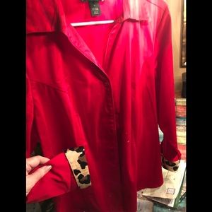 Red button  shirt with leopard cuff collar size 16